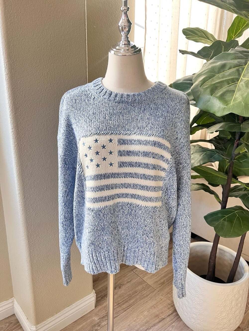 Rachel Zoe Marled Blue Cotton Americana American Flag Sweater Size M